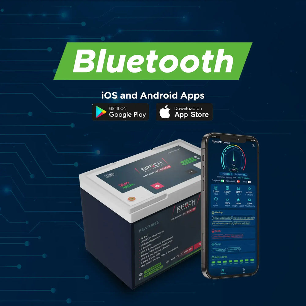 Battery Epoch 12V 105Ah Essential Series - Bluetooth & Heated LiFePO4 Battery