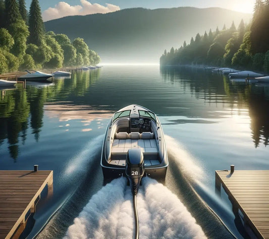 Electric boat departing dock on a serene lake