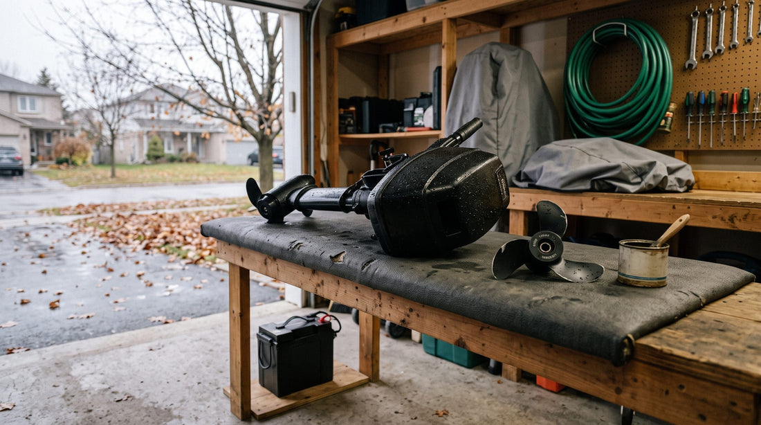 Outboard motor and removed propeller on a garage workbench in late autumn, battery stored on a board below