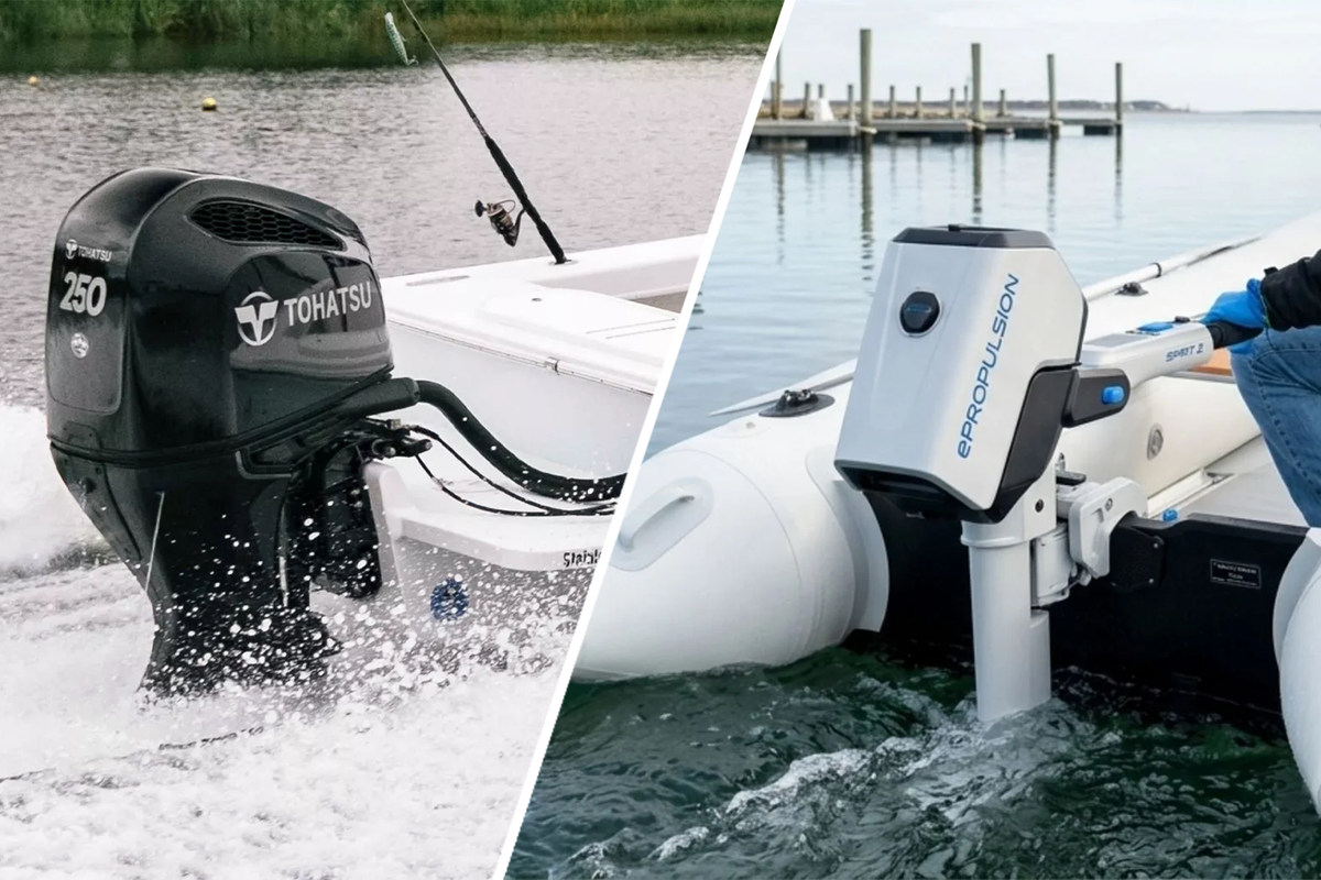 Tohatsu gas outboard running at speed beside an ePropulsion Spirit 2 electric outboard on an inflatable boat