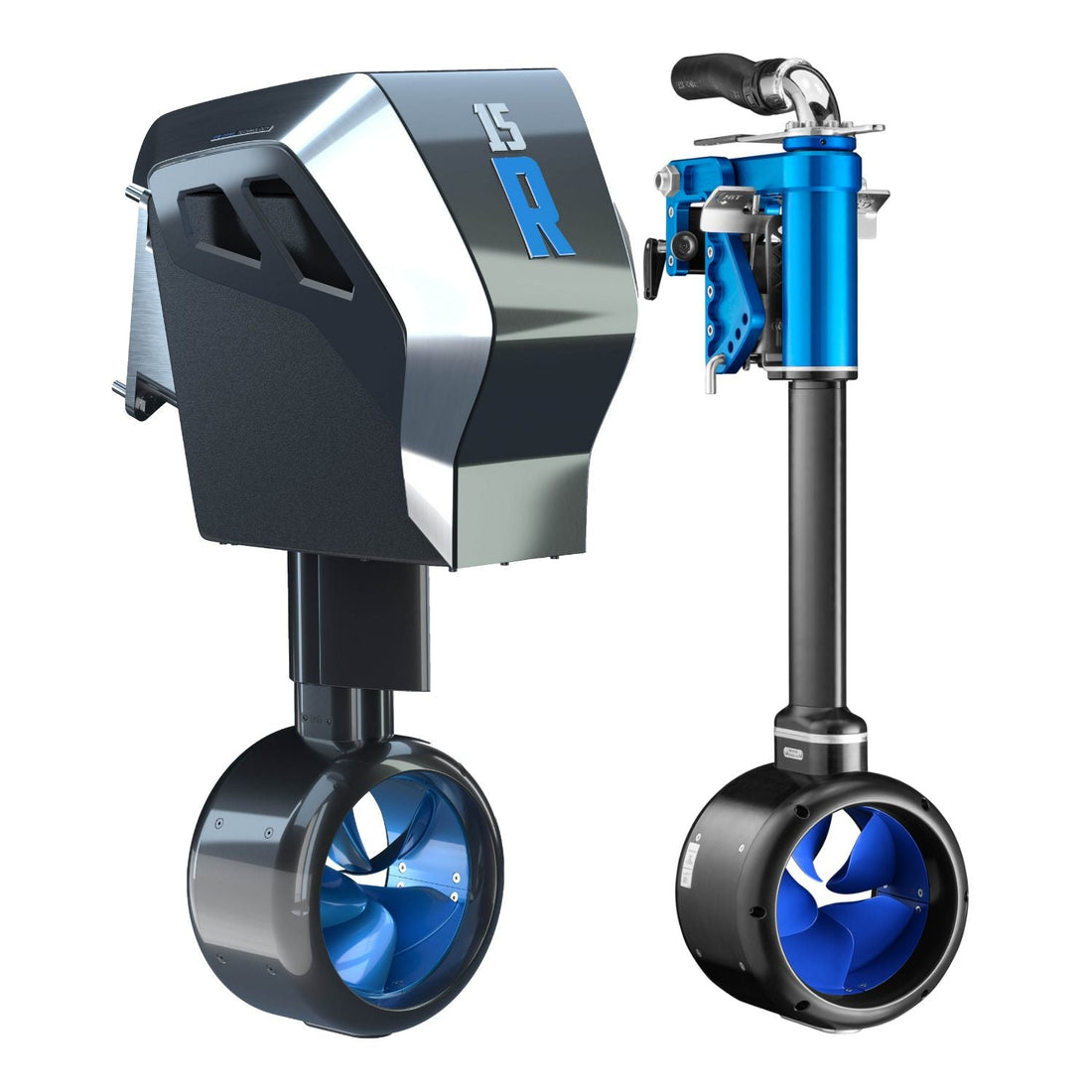 Rim Drive steerable and entry-level shaftless electric outboards displayed side-by-side