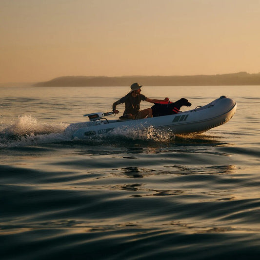 Electric outboard driving a rigid inflatable across calm water at sunset