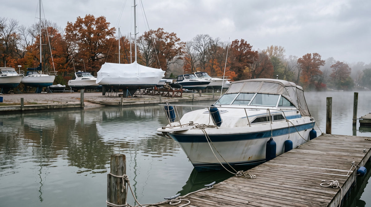 Ontario marina in late October with some boats still in the water and others already on winter cradles
