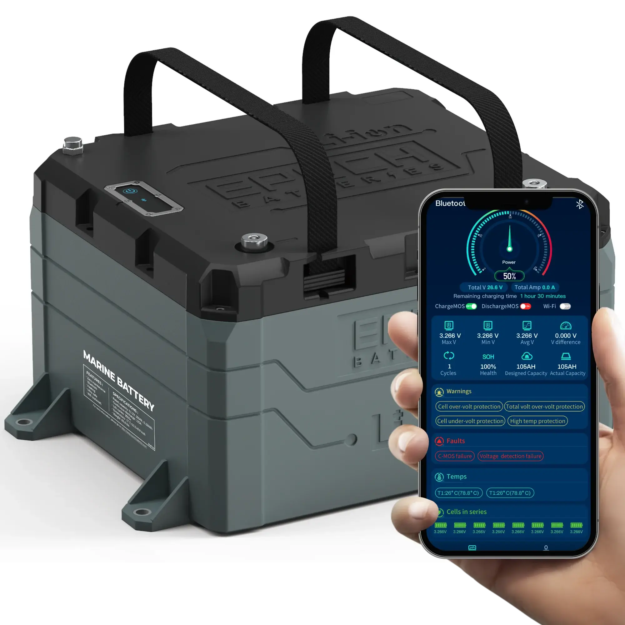 Epoch marine lithium battery with Bluetooth app displaying voltage, capacity, and charging data
