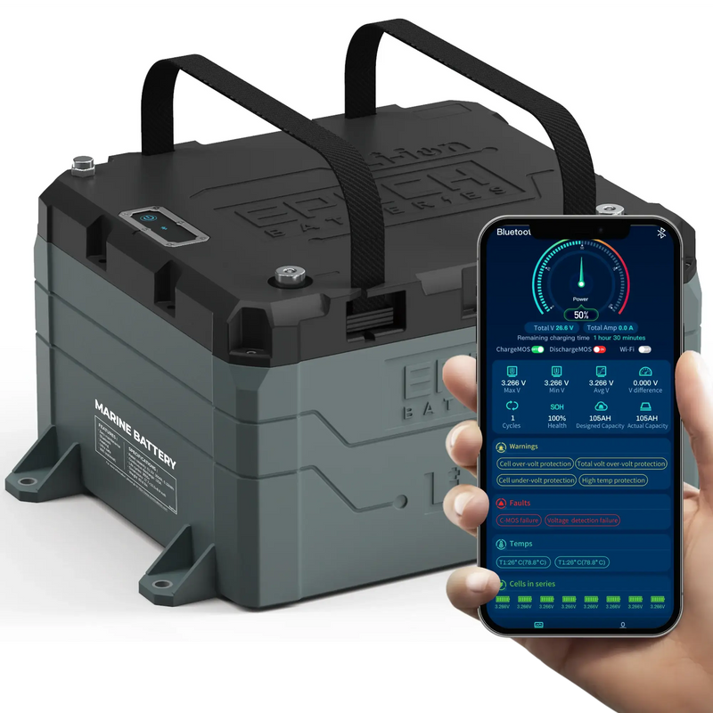Epoch marine lithium battery with Bluetooth app displaying voltage, capacity, and charging data