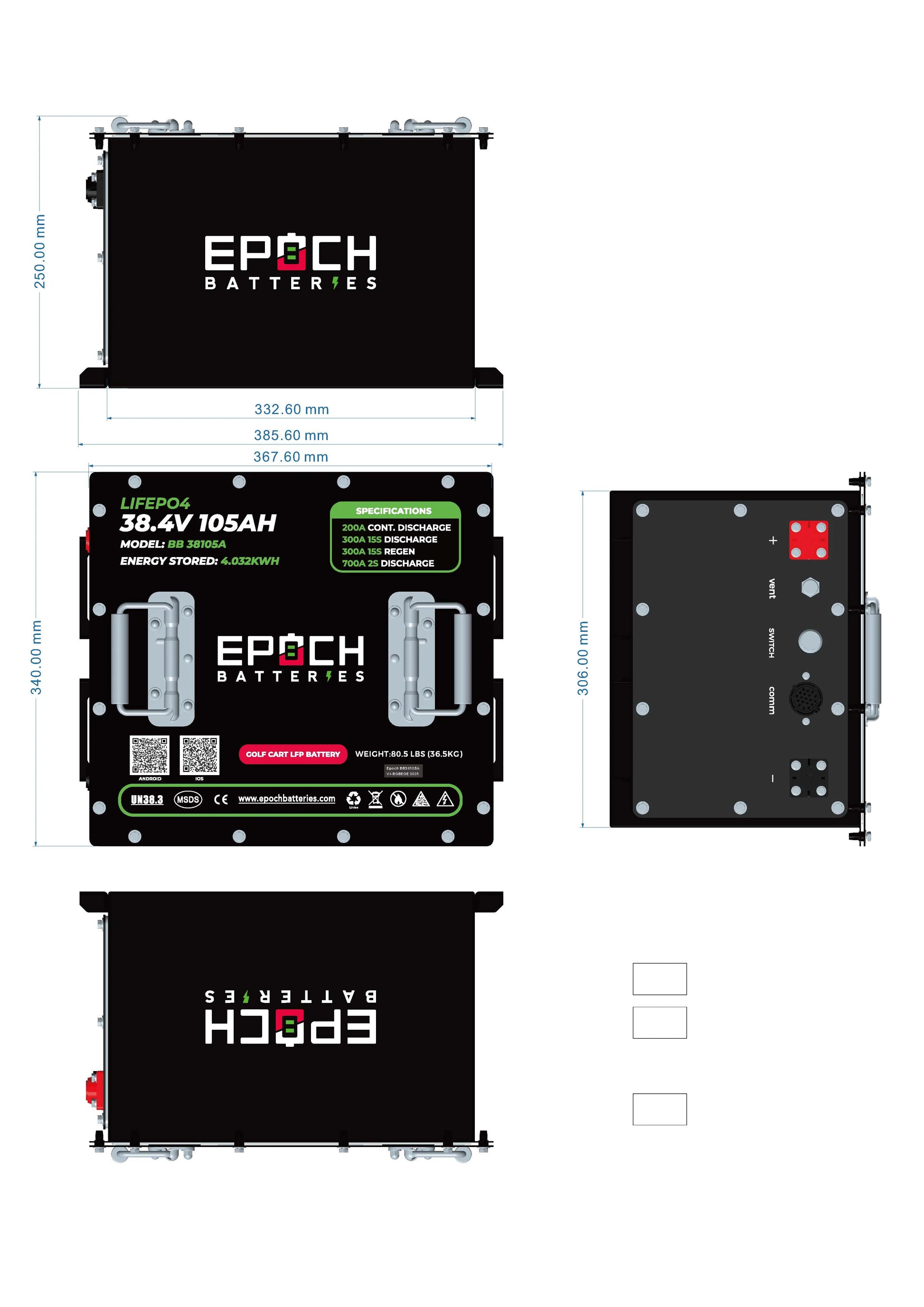 Battery Epoch 36V 105Ah LiMax Series - LiFePO4 Golf Cart Kit Canada