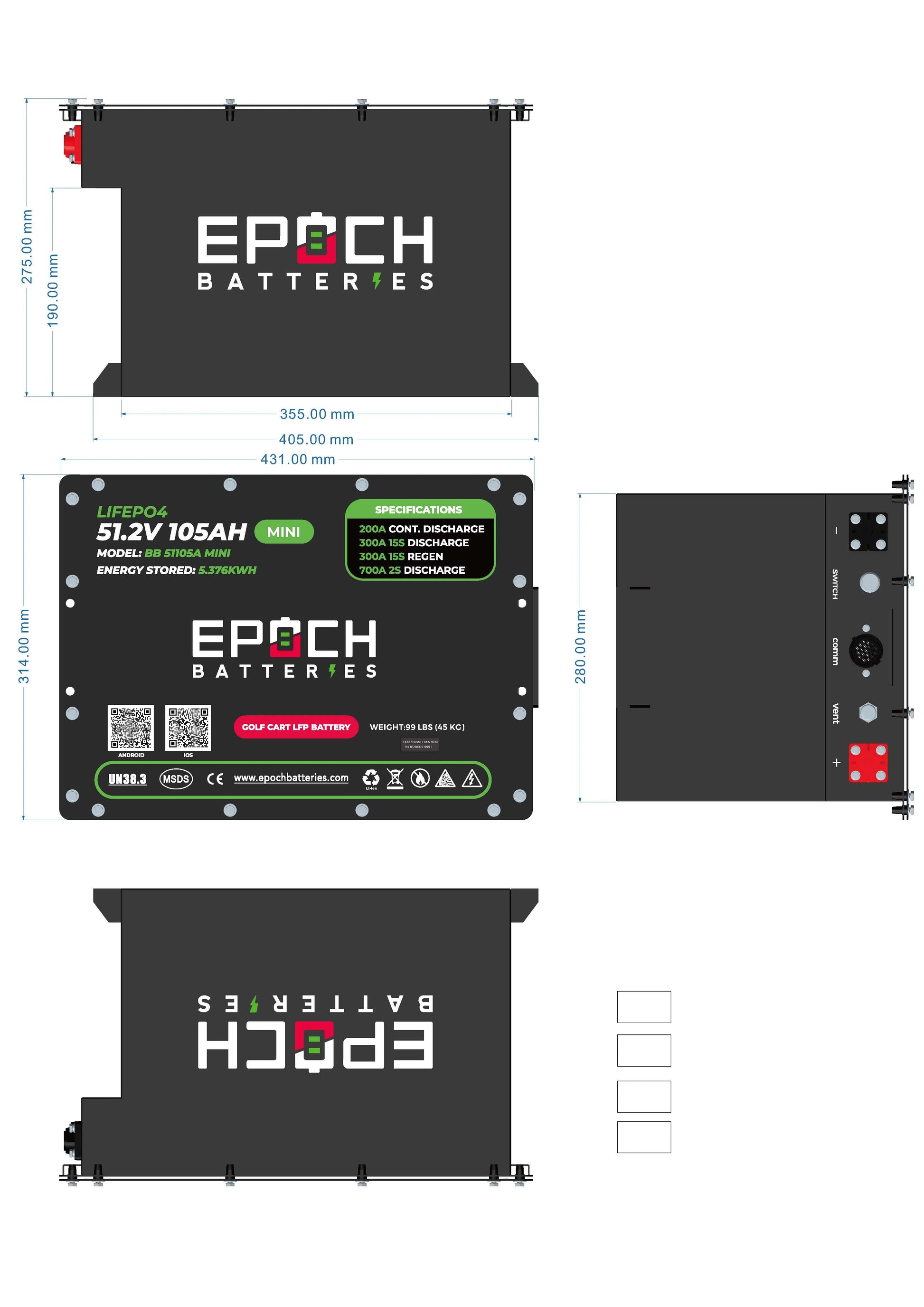 Battery Epoch 48V 105Ah Mini LiMax Series - LiFePO4 Golf Cart Kit Toronto