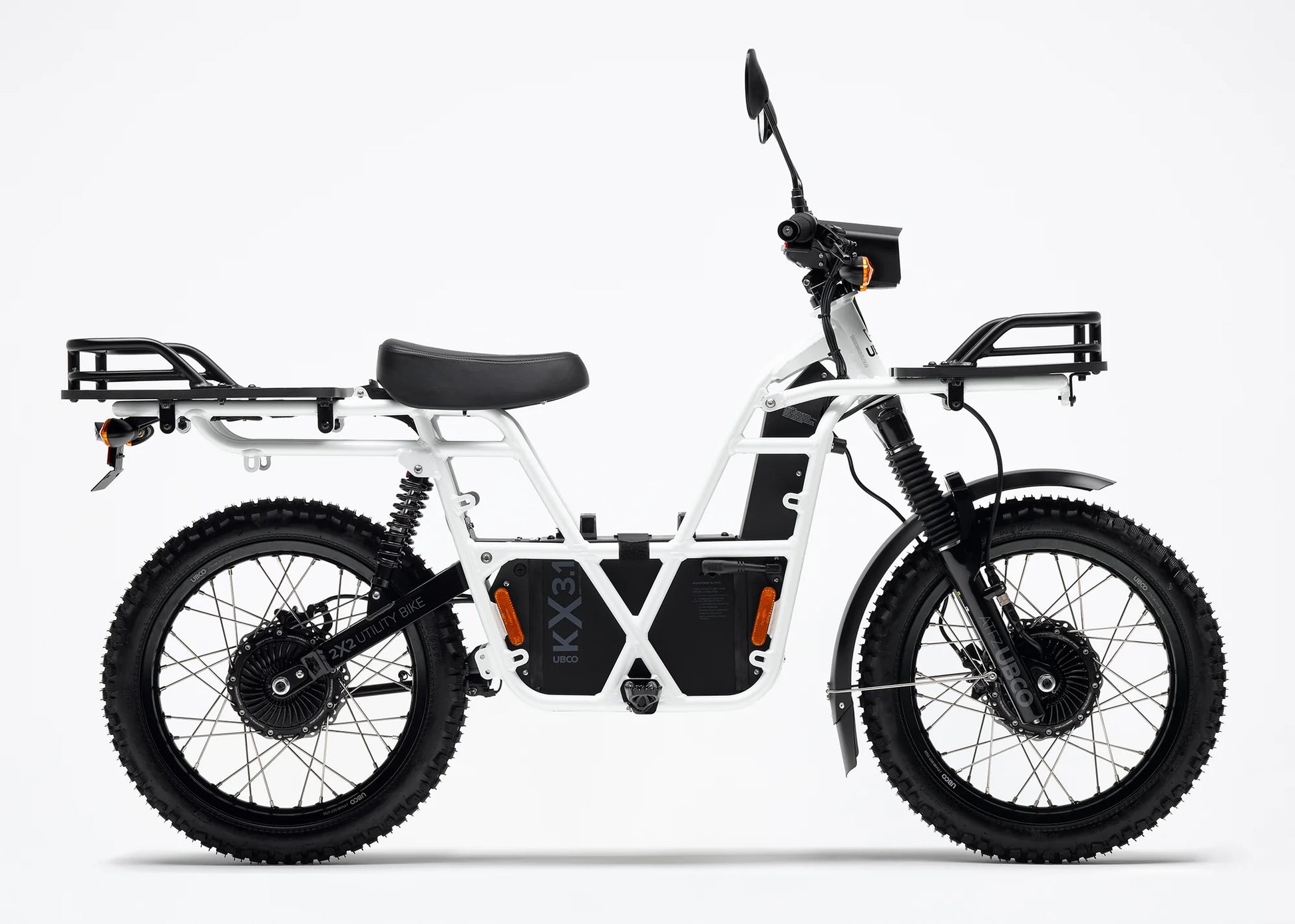 Side view of eBike with mounted UBCO 2X2 Rear Cargo Deck in Black on it
