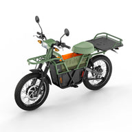 Full view of the bike with mouted UBCO 2X2 Rear Cargo Deck in Green on it.