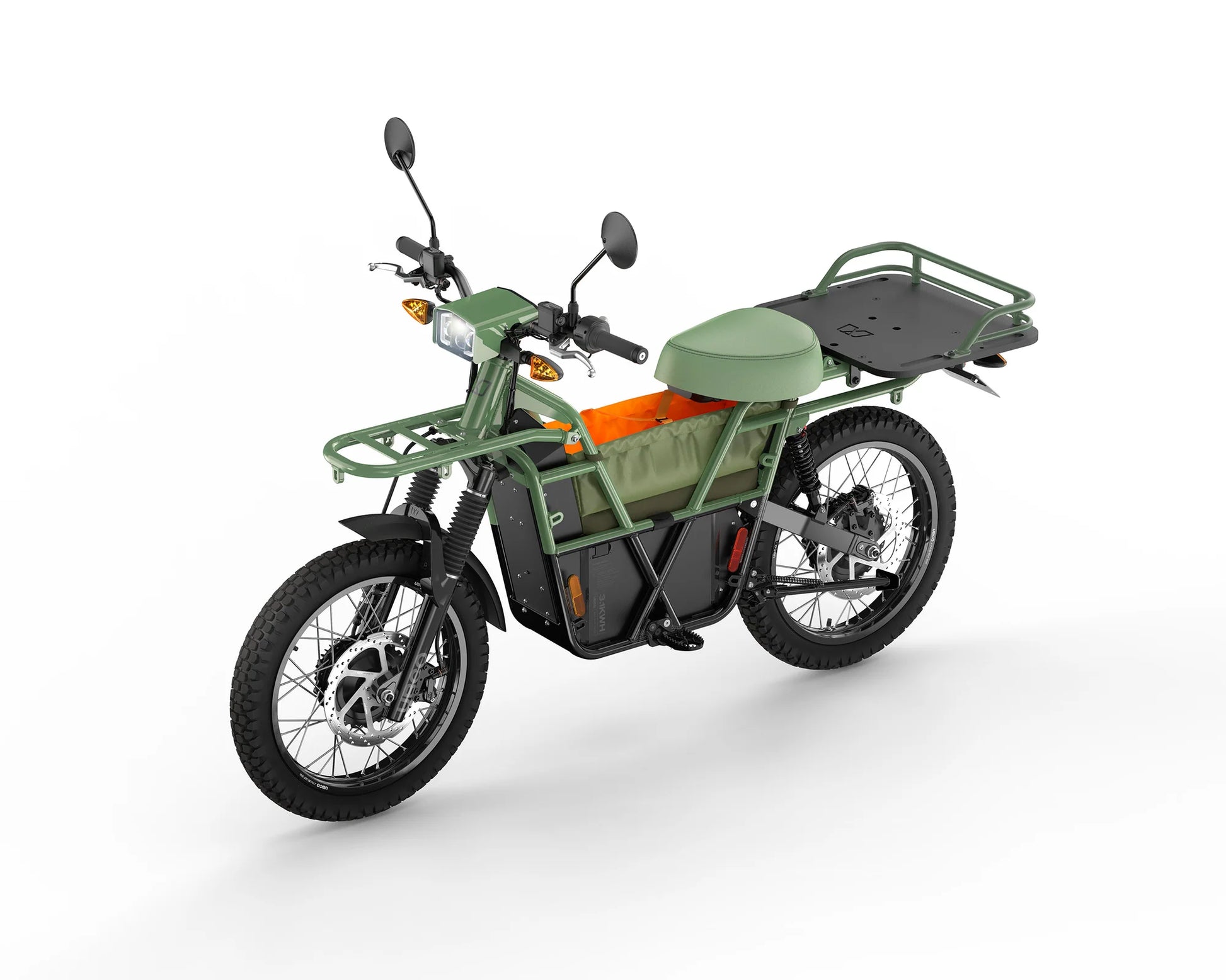 Full view of the bike with mouted UBCO 2X2 Rear Cargo Deck in Green on it.