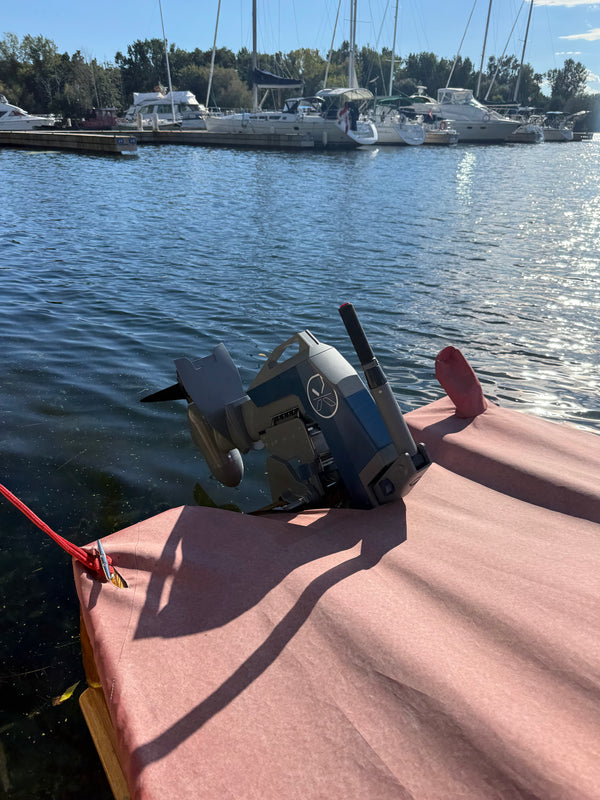 Momentum M10 electric outboard tilted up on the transom of the covered Canadian Challenger