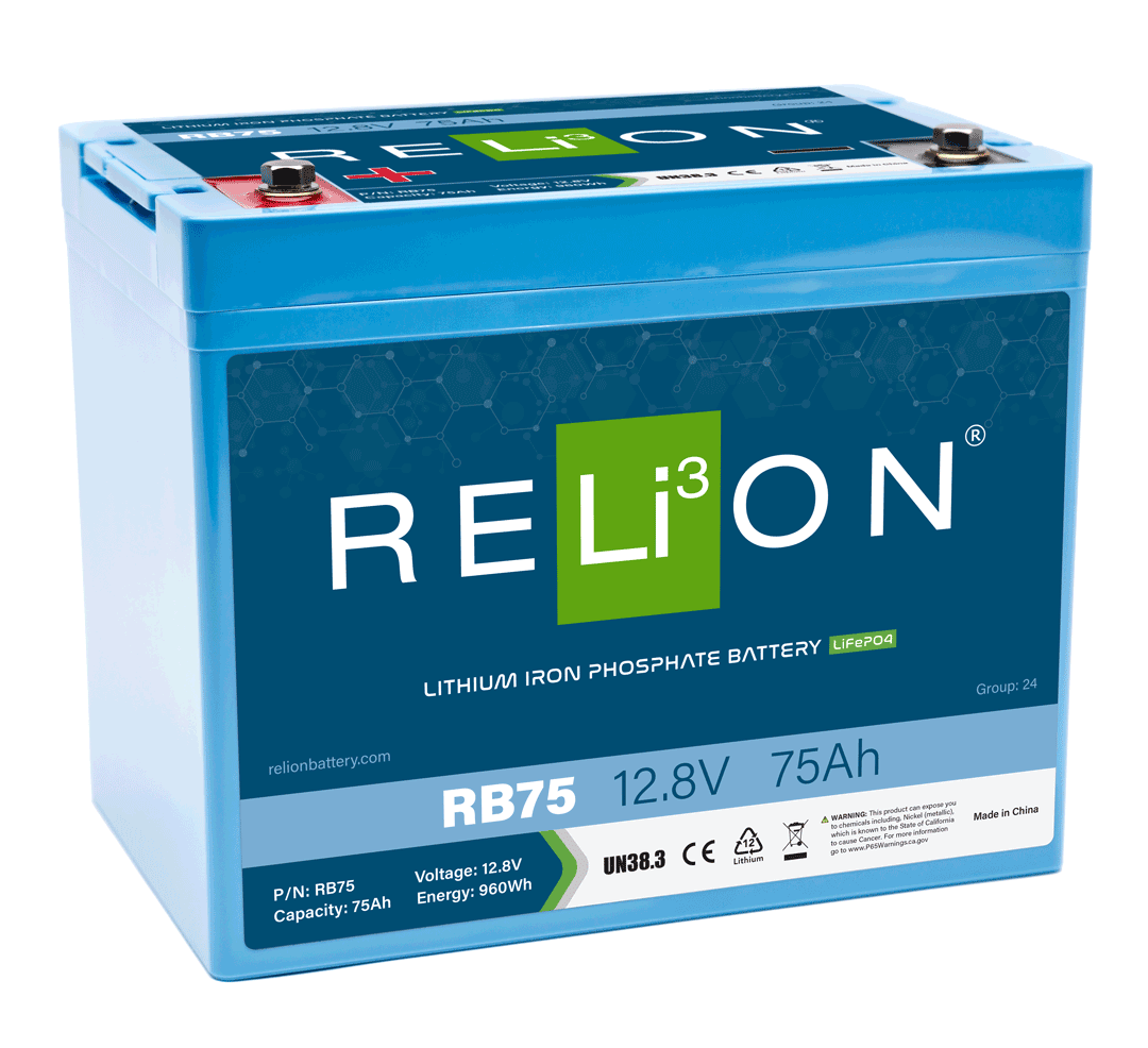 Shop RELiON RB75 12V 75Ah lithium battery at Crabzz. High-capacity and reliable, with delivery across Ontario and Canada. Buy now!