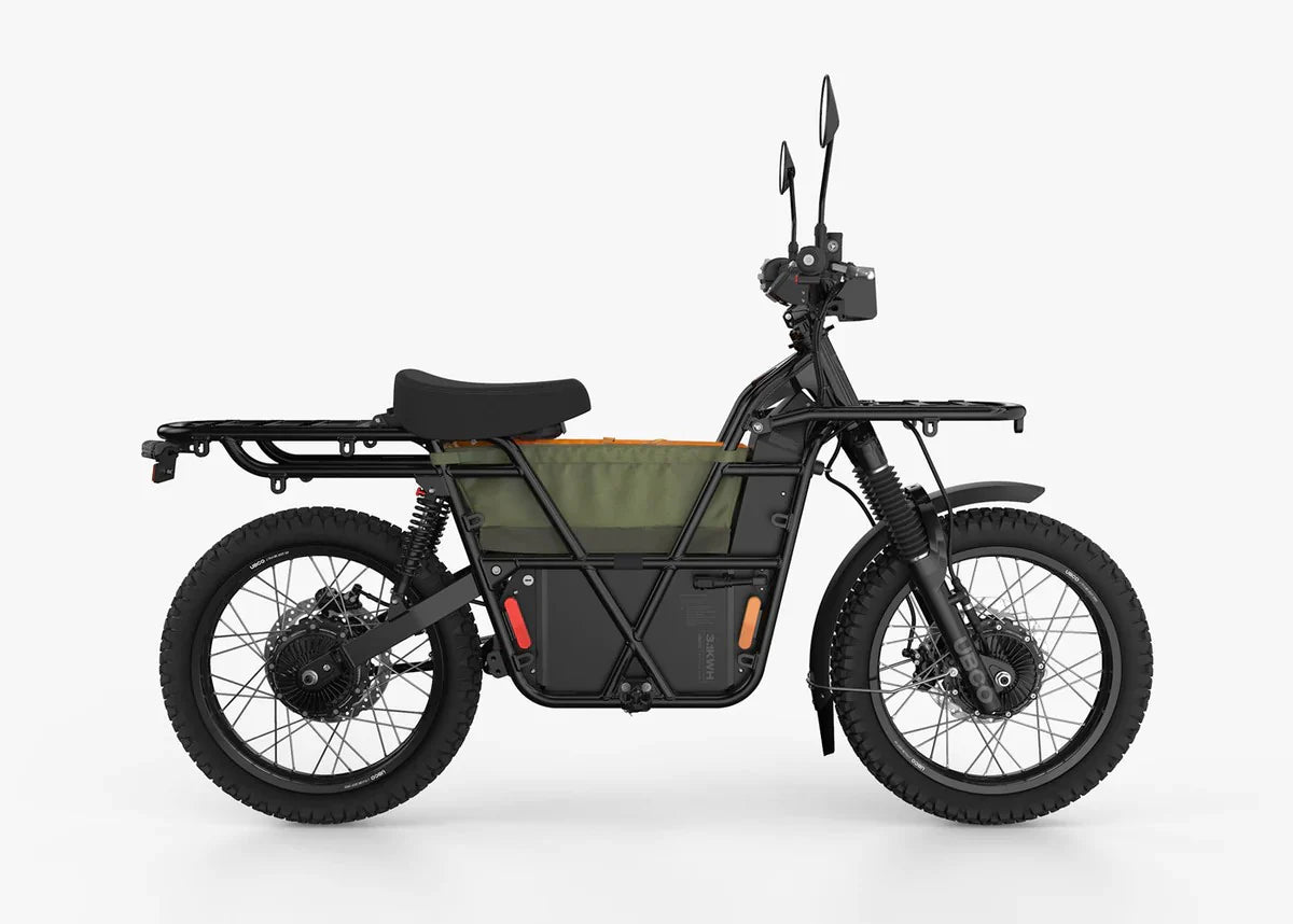 Full view of the eBike with mounted UBCO Center Bag - Green on it.