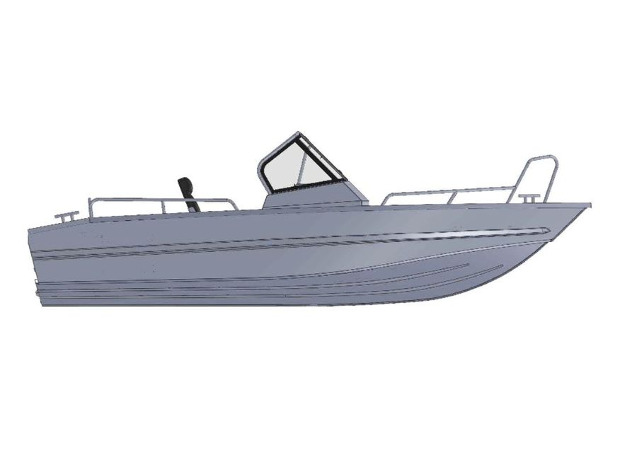 A side view rendering of the Aluminum Boat UMS 485 DC, showcasing its sleek profile and structural design, ideal for various water activities.