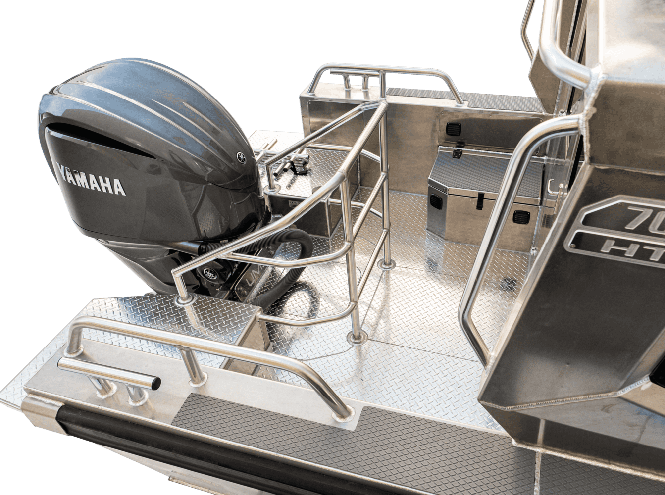 A rear view of the UMS 700HT 23.5ft aluminum boat, featuring a Yamaha outboard motor and a robust aluminum deck with anti-slip surfaces, protective railings, and a secure storage compartment.