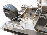 A rear view of the UMS 700HT 23.5ft aluminum boat, featuring a Yamaha outboard motor and a robust aluminum deck with anti-slip surfaces, protective railings, and a secure storage compartment.