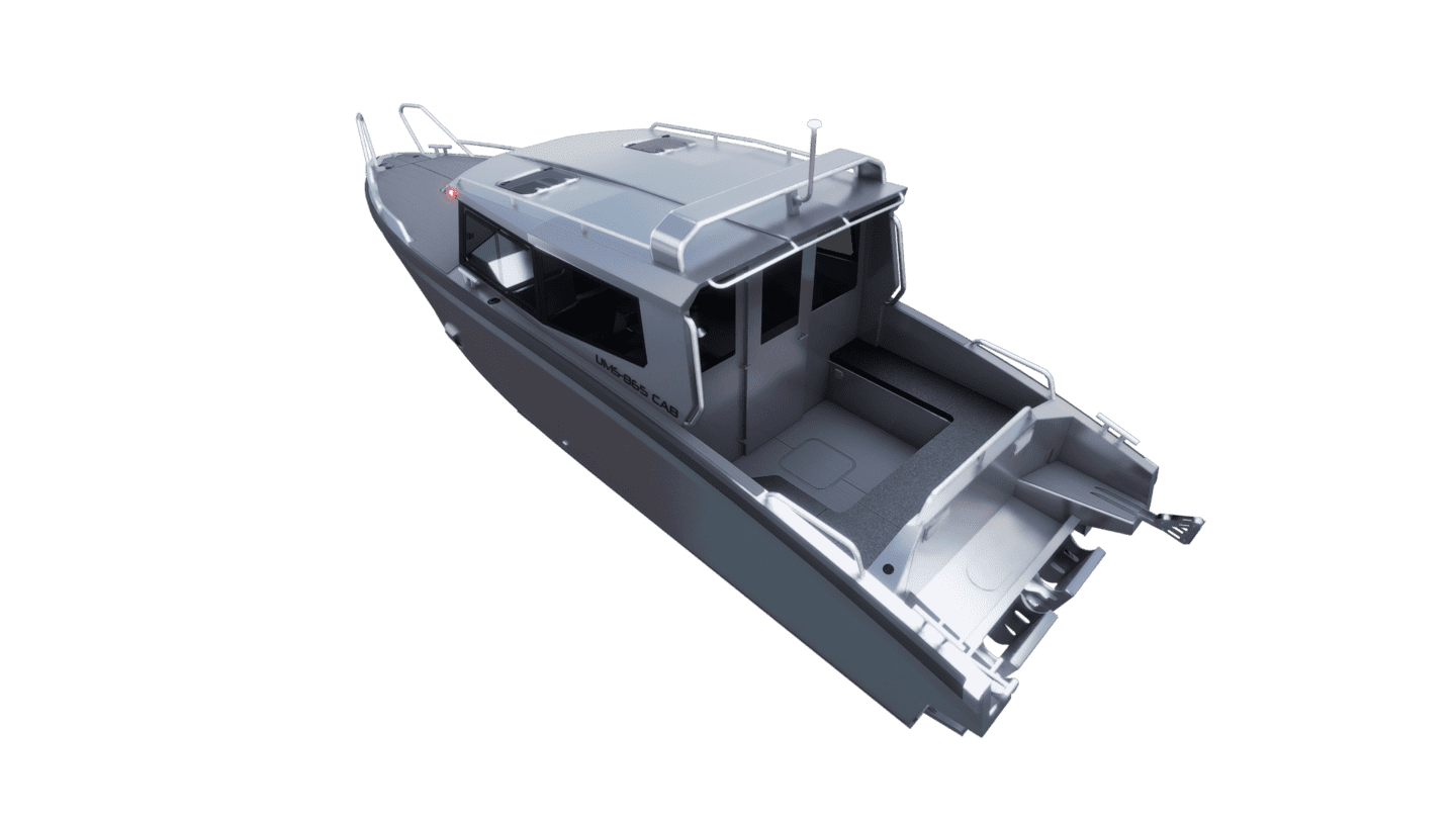 A rear and top-down view of the UMS 865CAB aluminum boat.