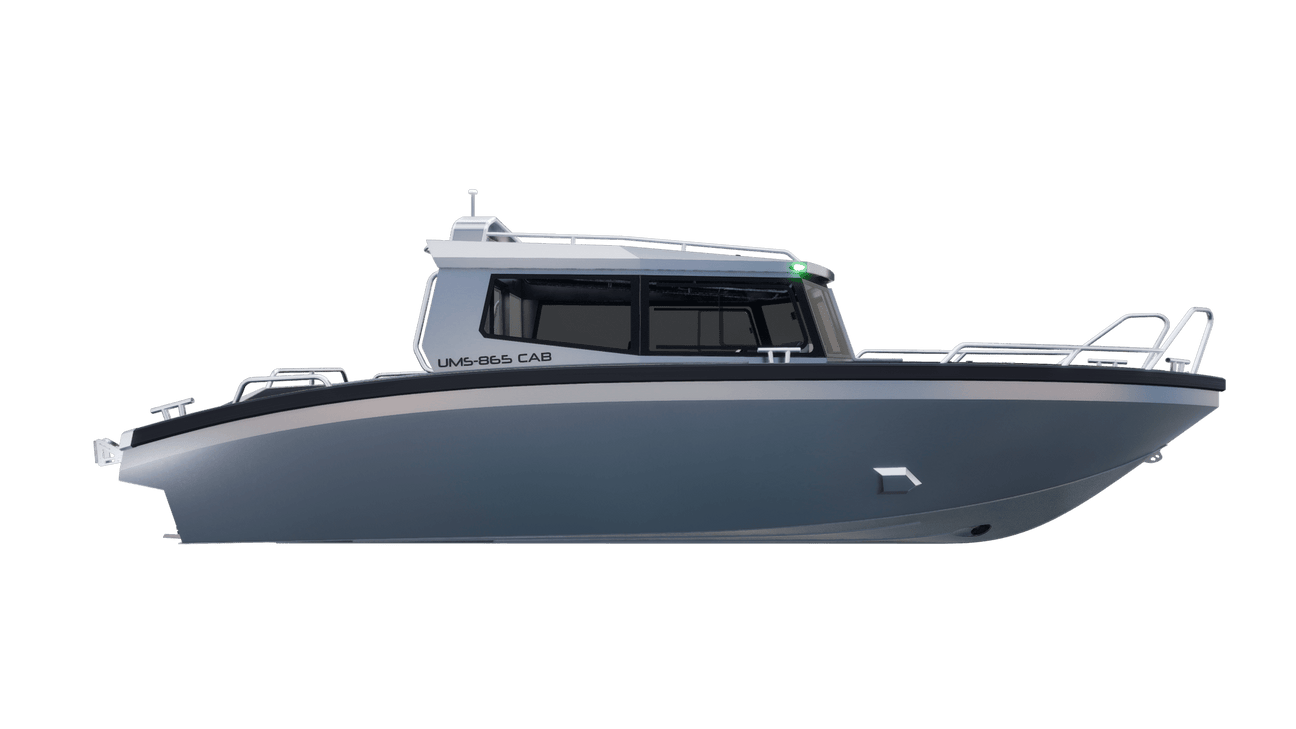 A side profile of the UMS 865CAB aluminum boat.