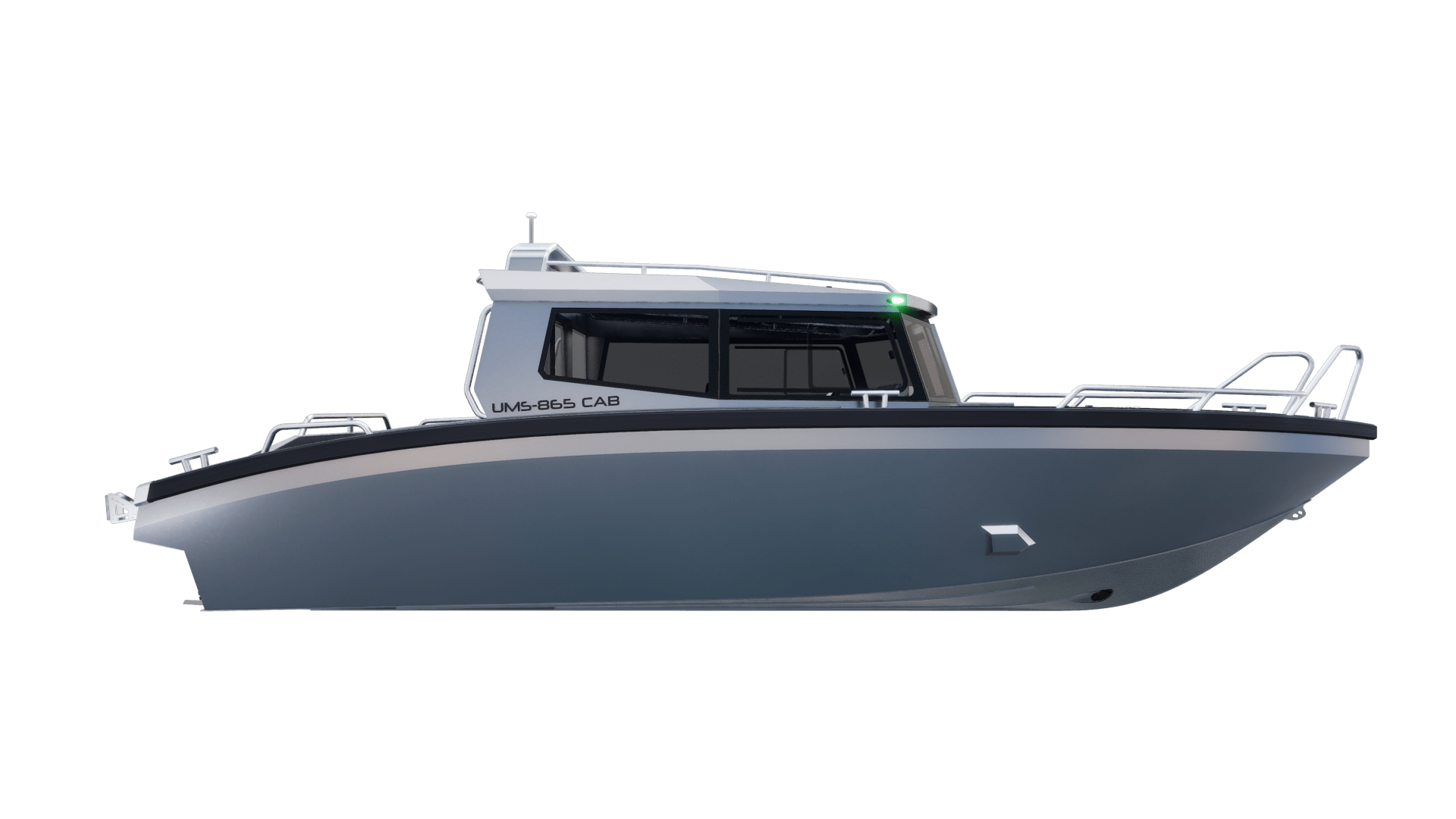 A side profile of the UMS 865CAB aluminum boat.