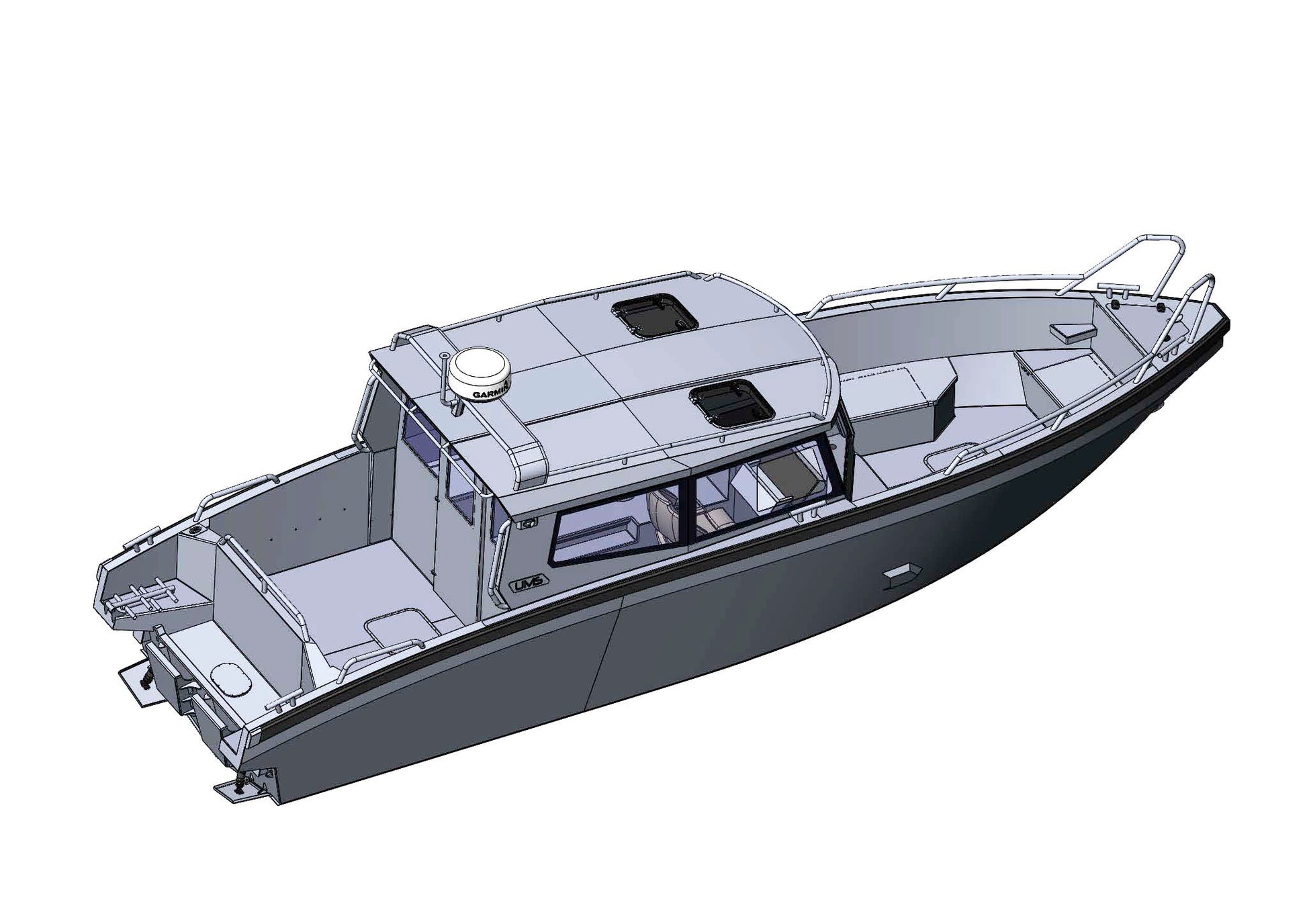 A 3D rendering of the UMS 865CAB aluminum boat.