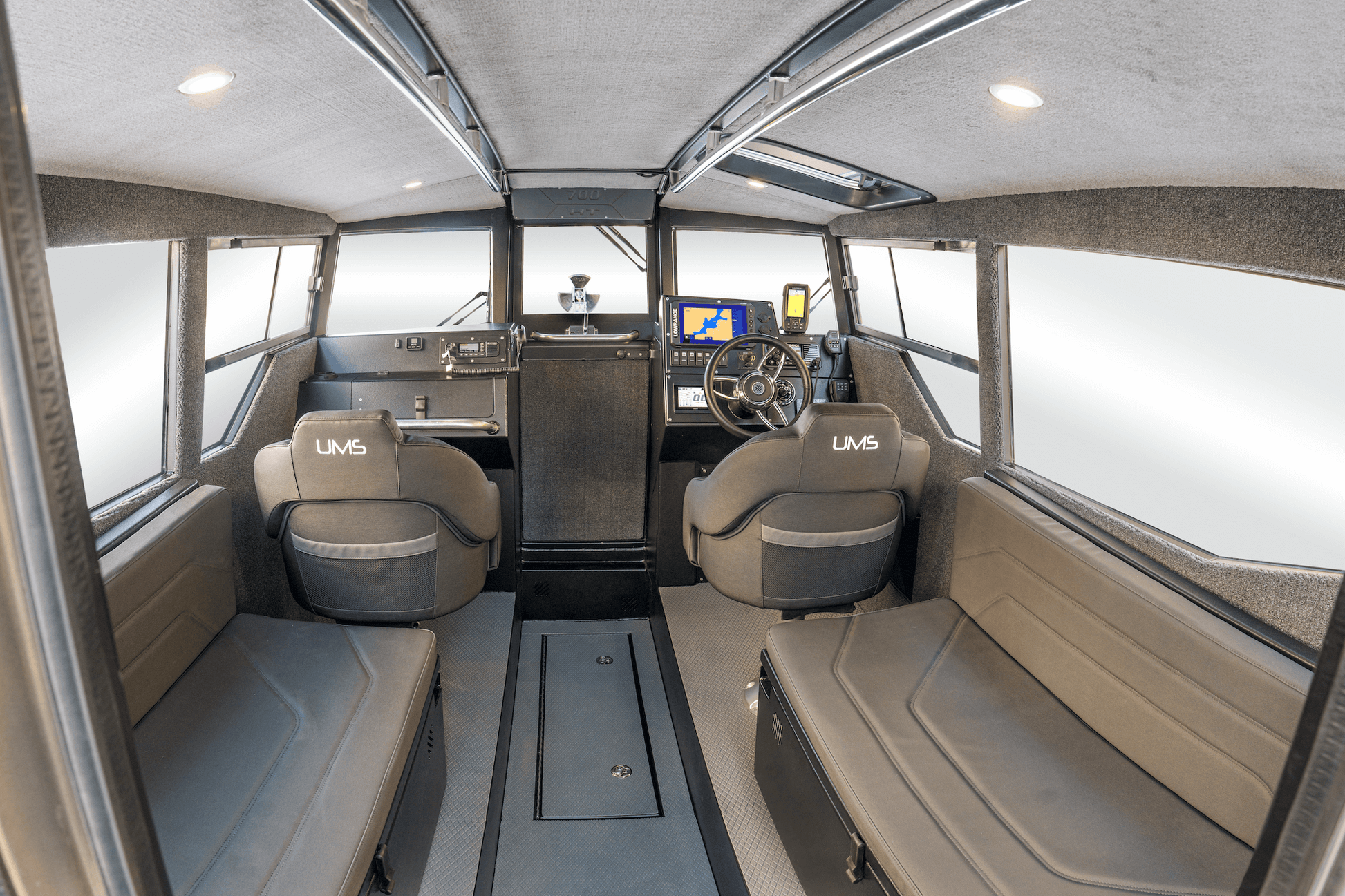 The interior cabin of the UMS 700HT aluminum boat.