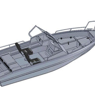A 3D rendering of the Aluminum Boat UMS 485 DC, displaying its detailed layout, including the seating, dual consoles, and open bow area, designed for optimal space and usability.
