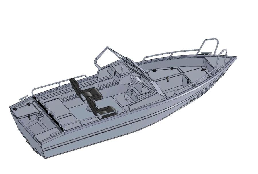 A 3D rendering of the Aluminum Boat UMS 485 DC, displaying its detailed layout, including the seating, dual consoles, and open bow area, designed for optimal space and usability.