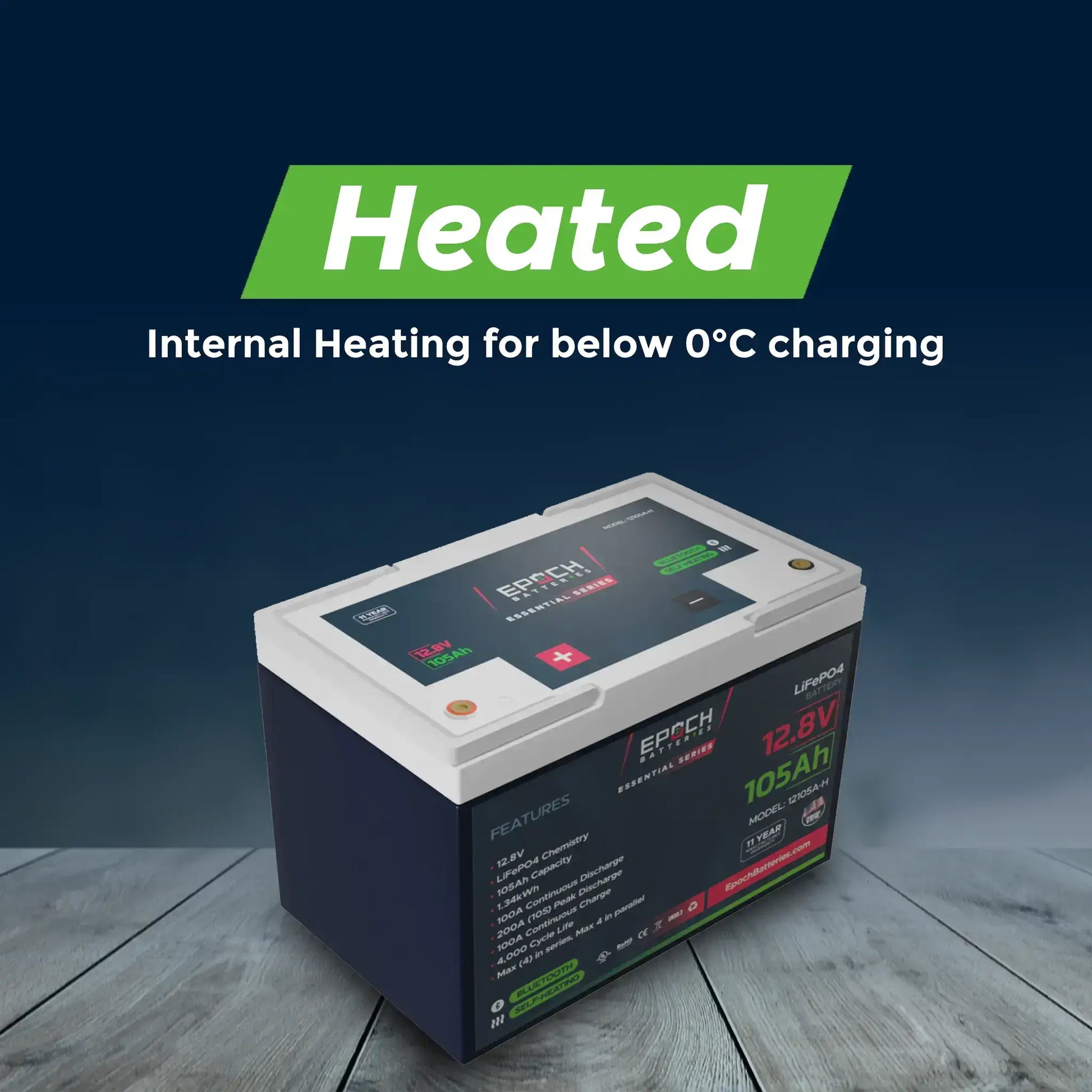 Epoch Batteries 12v 105ah Lifepo4 Battery heated