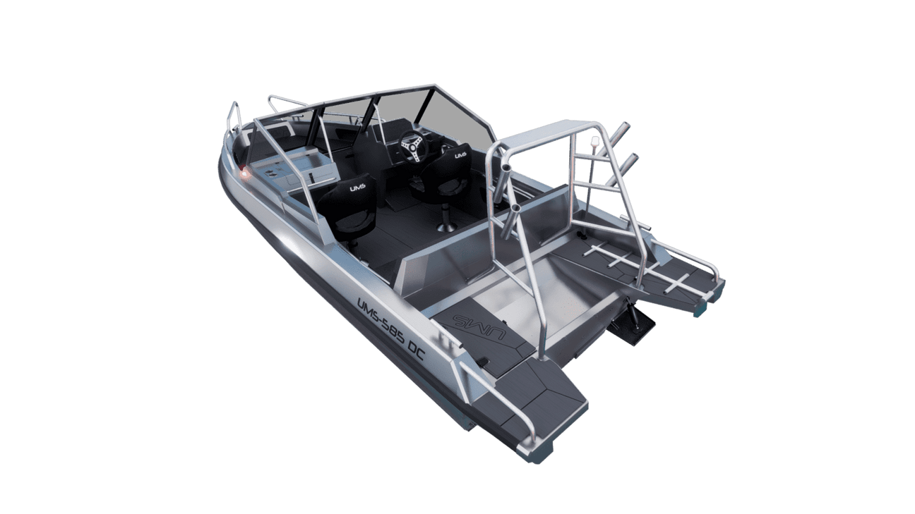 Angled rear view of the UMS 585DC fishing boat.