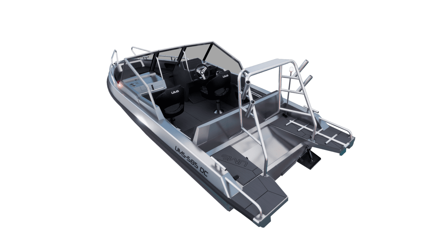 Angled rear view of the UMS 585DC fishing boat.