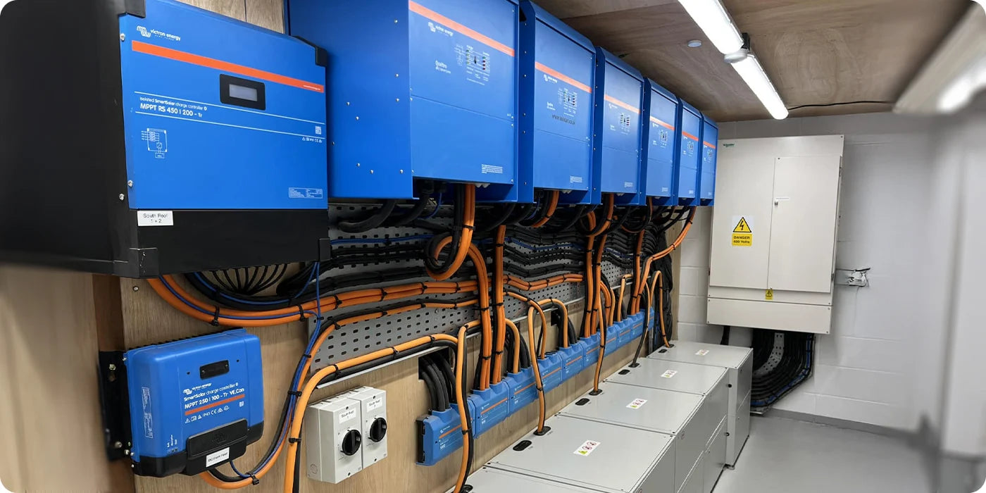 Row of blue electrical panels and wiring in a room setting