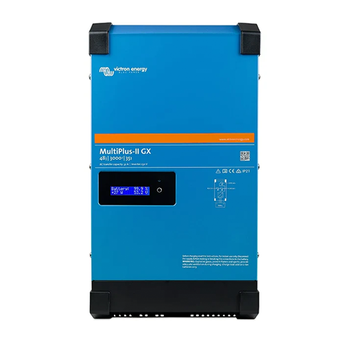 Blue Victron energy MultiPlus-II GX power station on a white background